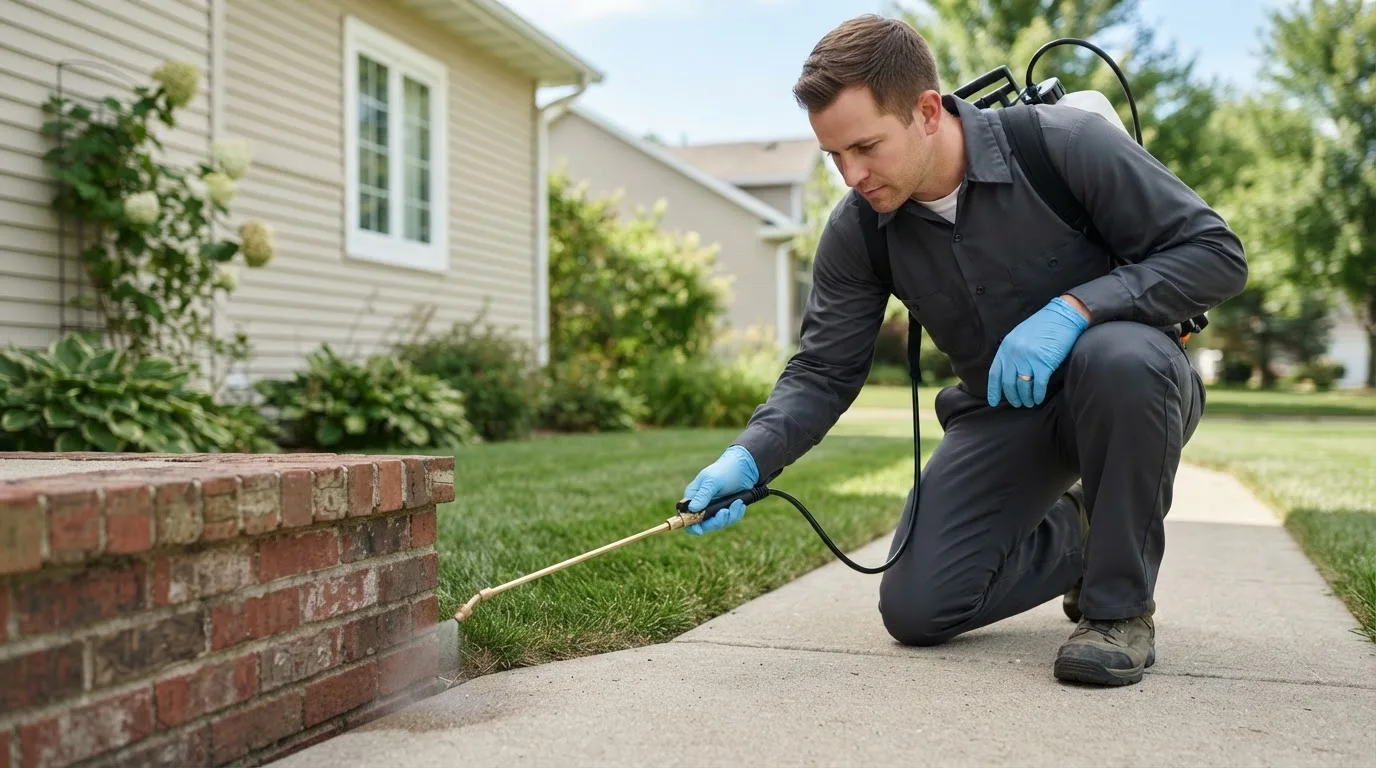 Pest control technician treating a home near Gilby, ND