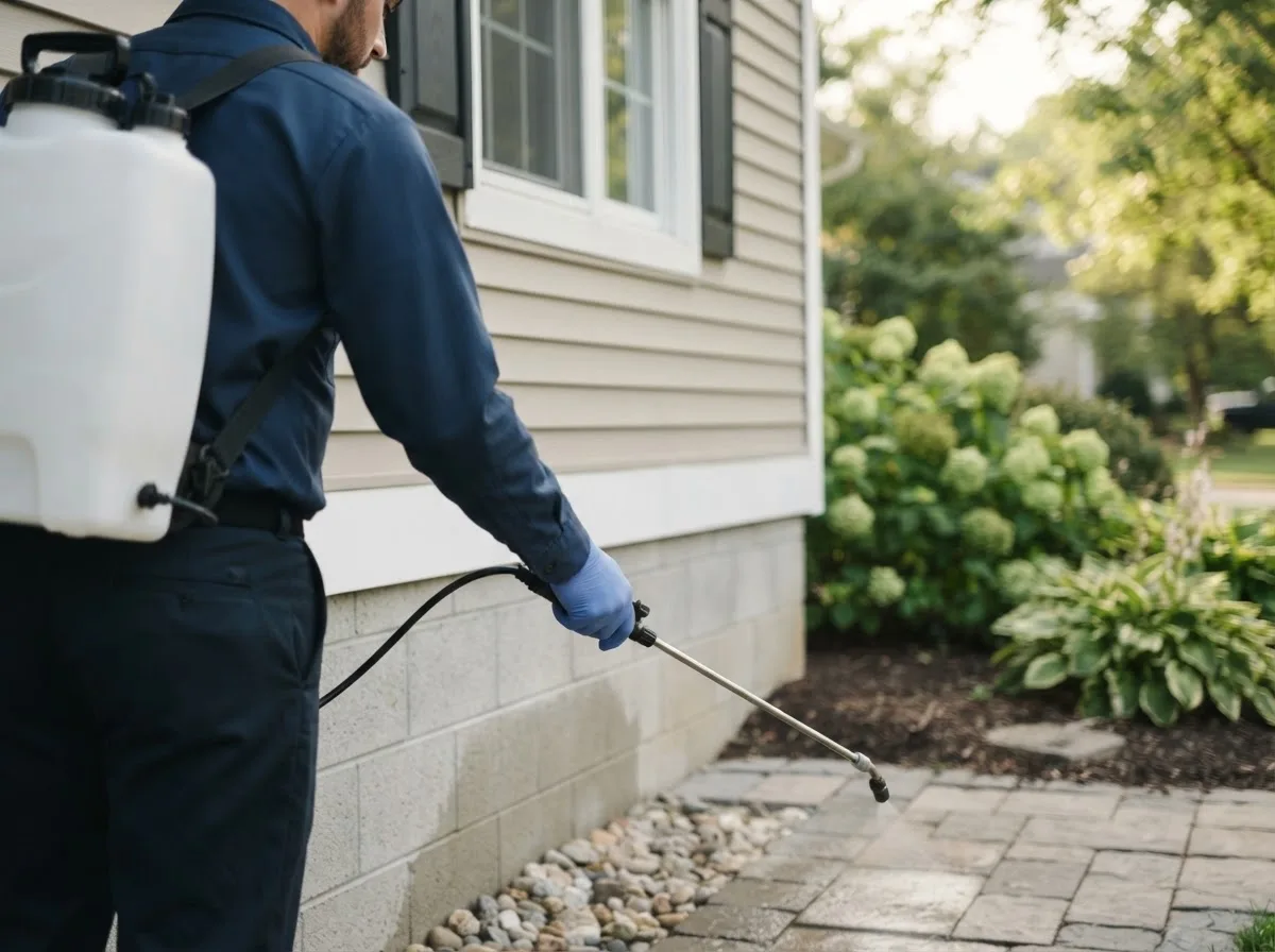 Pest control technician inspecting a home in Gilby, ND